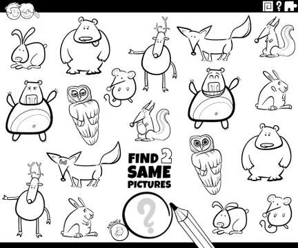 Find two same animal characters game color book Illustrazione stock
