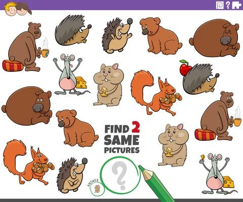 Find two same animal characters educational task Stock Illustration