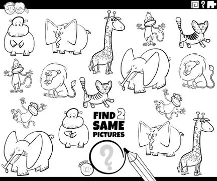 Find two same animals game coloring book page Illustrazione stock