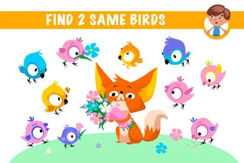 Find two same birds. Games for kids. Puzzle game with hidden objects. Funny Stock Illustration