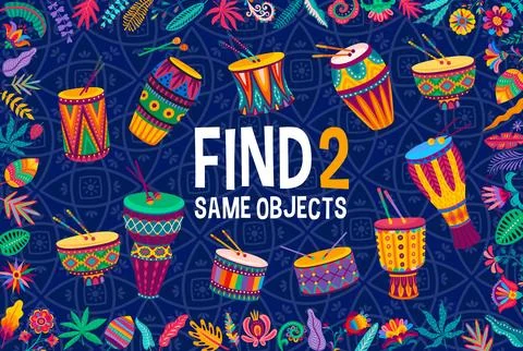 Find two same Brazilian, African drums, kids game Illustrazione stock