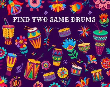 Find two same Brazilian drums, kids quiz game Illustrazione stock