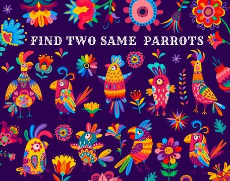 Find two same brazilian parrots kid game worksheet Stock Illustration