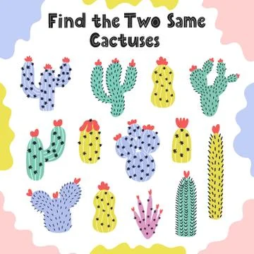 Find two same cactuses logical game for kids Stock Illustration