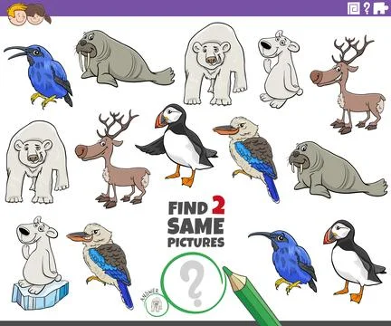 Find two same cartoon animal characters educational task Illustrazione stock
