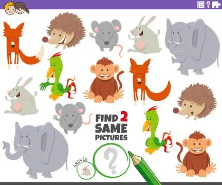 Find two same cartoon animal characters activity Stock Illustration
