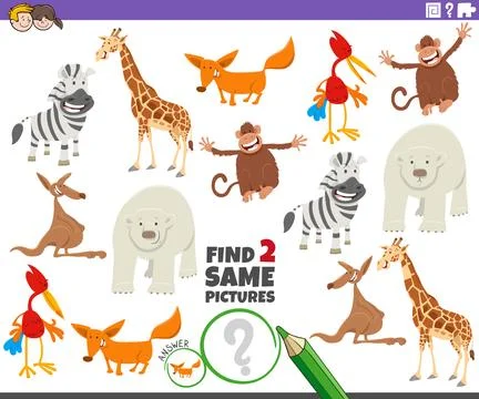 Find two same cartoon animal characters game Stock Illustration