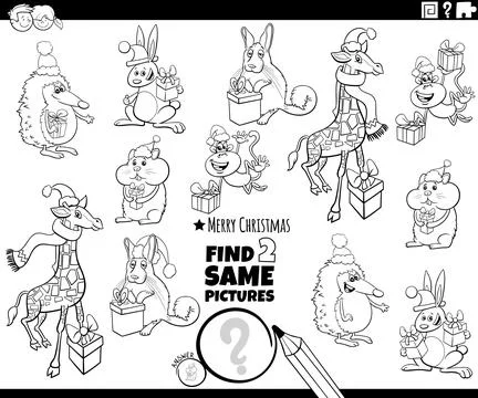 Find two same cartoon animals with Christmas gifts coloring page Stock Illustration