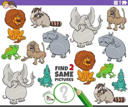 Find two same cartoon animals educational activity puzzle Stock Illustration