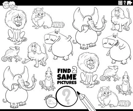 Find two same cartoon animals educational activity puzzle coloring page Stock Illustration