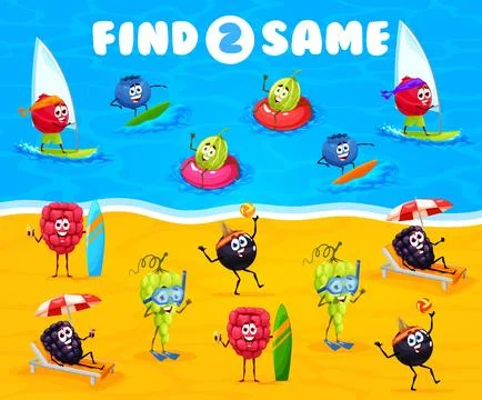 Find two same cartoon berry characters on beach 스톡 일러스트