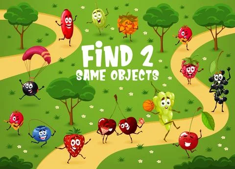 Find two same cartoon berry characters on meadow Stock Illustration