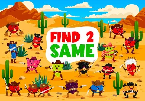 Find two same cartoon berry cowboy, sheriff game Stock Illustration