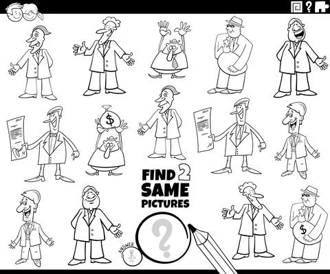 Find two same cartoon bisinessmen characters coloring book page Stock Illustration