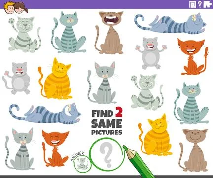 Find two same cartoon cats and kittens characters activity puzzle Stock Illustration