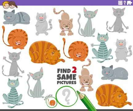 Find two same cartoon cats and kittens characters activity game Stock Illustration