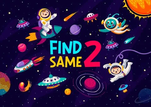 Find two same cartoon characters in galaxy space 库存插图
