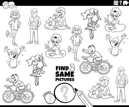Find two same cartoon children activity coloring page Stock Illustration