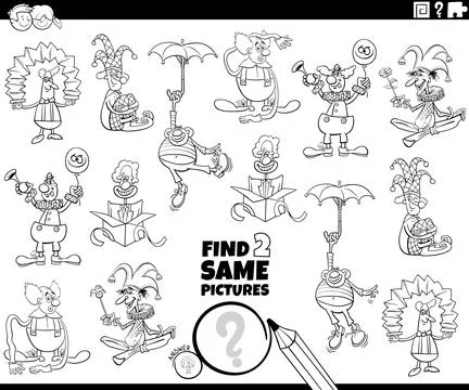 Find two same cartoon clowns game coloring page Illustrazione stock