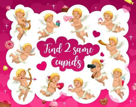 Find two same cartoon cupid angels, game worksheet 스톡 일러스트