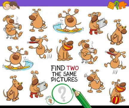 Find two the same cartoon dog pictures game Illustrazione stock