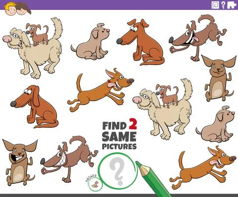 Find two same cartoon dog characters educational game Illustrazione stock