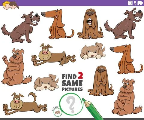 Find two same cartoon dog characters educational task Illustrazione stock
