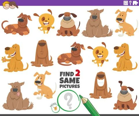 Find two same cartoon dog characters educational task Illustrazione stock