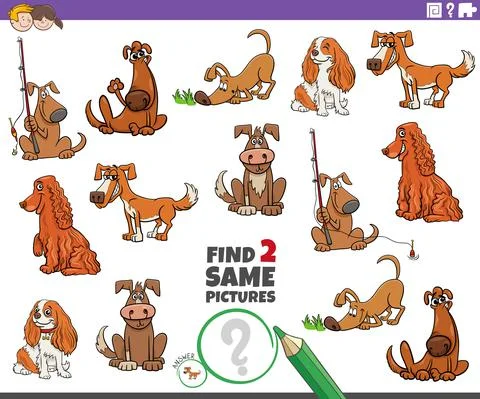 Find two same cartoon dog characters educational task Illustrazione stock