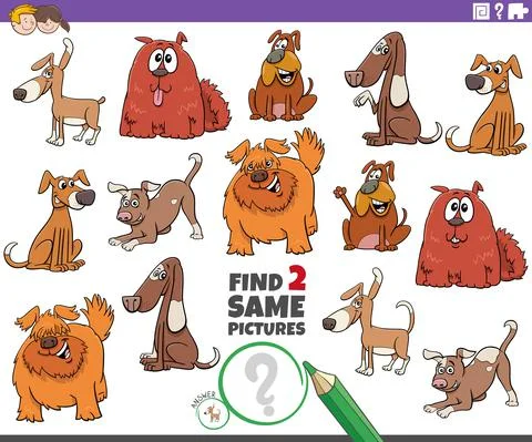 Find two same cartoon dog characters educational task Illustrazione stock