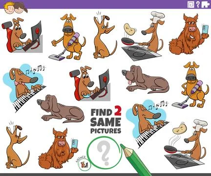 Find two same cartoon dog characters educational game Illustrazione stock