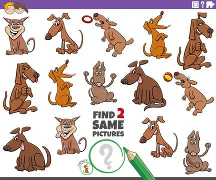 Find two same cartoon dog characters educational game Illustrazione stock