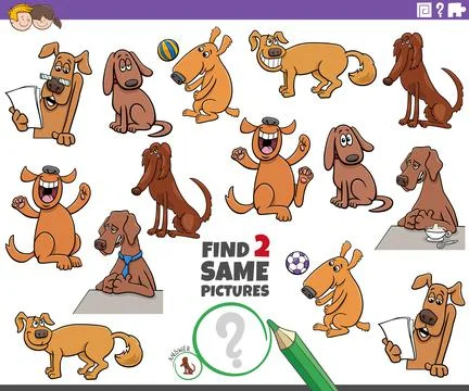 Find two same cartoon dog characters educational task Illustrazione stock