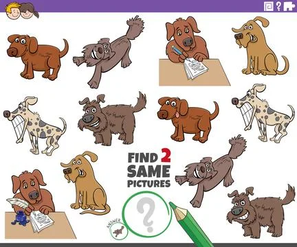 Find two same cartoon dog characters educational game Illustrazione stock
