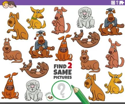 Find two same cartoon dog characters educational task Illustrazione stock