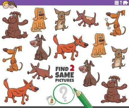Find two same cartoon dog characters educational game Illustrazione stock