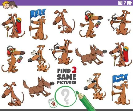 Find two same cartoon dog characters educational game Illustrazione stock