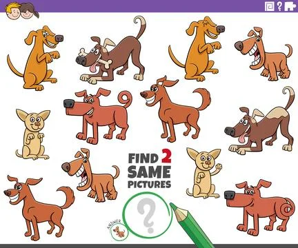 Find two same cartoon dog characters educational game Illustrazione stock