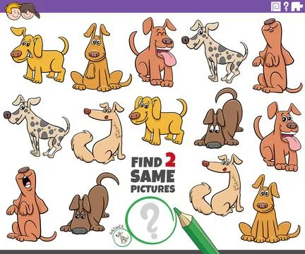 Find two same cartoon dog characters educational activity Illustrazione stock