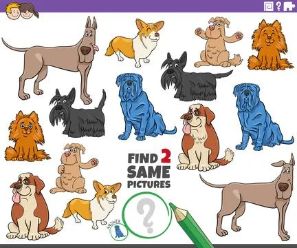 Find two same cartoon dog characters educational activity Illustrazione stock