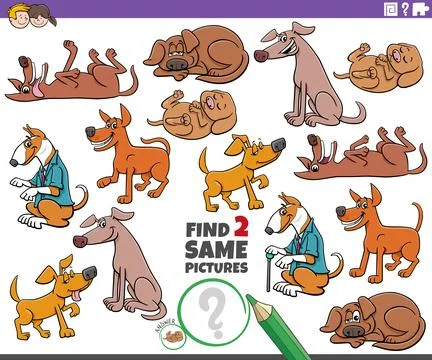 Find two same cartoon dog characters educational game Illustrazione stock