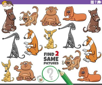 Find two same cartoon dog characters educational game Illustrazione stock