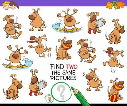 Find two the same cartoon dog pictures game Cartoon Illustration of Findin... Stock Photos