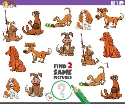 Find two same cartoon dog characters educational task Cartoon illustration... Stock Photos