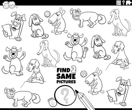 Find two same cartoon dogs task coloring page Illustrazione stock