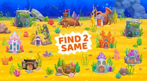 Find two same cartoon fairytale underwater house Ilustração Stock