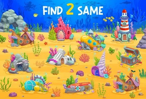 Find two same cartoon fairytale underwater houses Stock Illustration