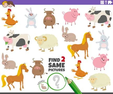 Find two same cartoon farm animal characters puzzle game Ilustração Stock