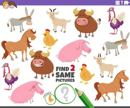 Find two same cartoon farm animal characters activity game Ilustração Stock