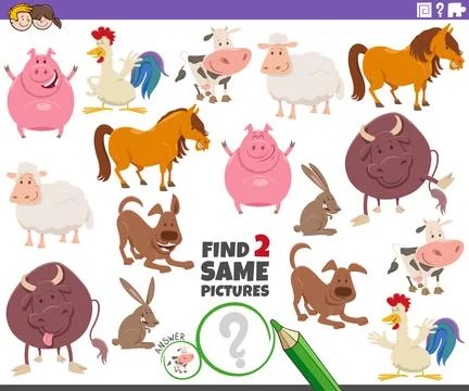 Find two same cartoon farm animal characters activity puzzle Ilustração Stock